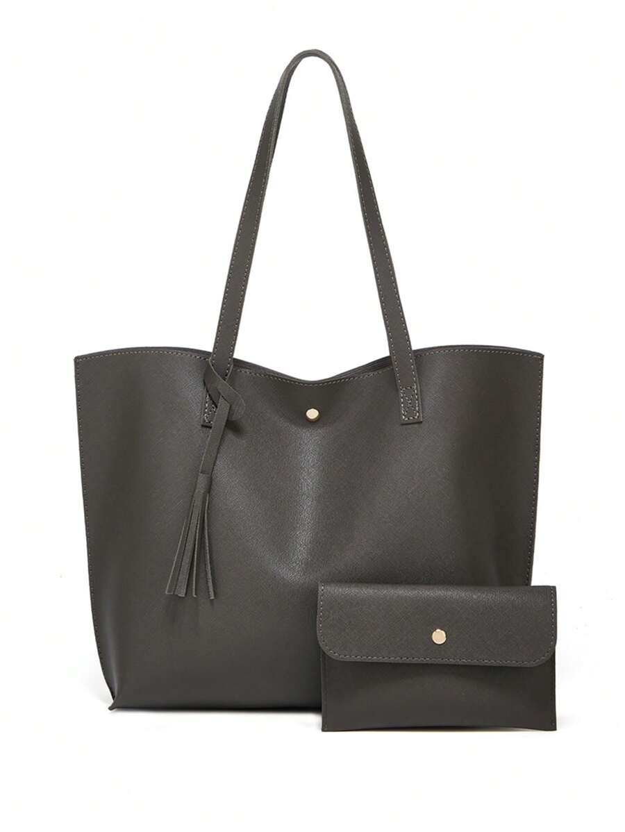 2022年新款實色流蘇袋與袋子,大容量肩包＆手提袋,歐美時尚購物袋 - 灰色 - 查看 1