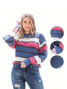 Jersey de dama de rayas  de cuello redondo de manga larga - Azul - Ver 4