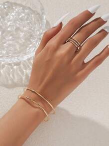 2 件简约铜质几何波浪手链和戒指首饰套装，金色/银色，适合女性日常、派对、婚礼、母亲节礼物 - 金黃色 - 查看 1