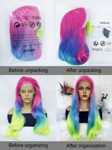 13*1.5 高清蕾丝散波浪多色女士假发，28 英寸长波浪彩虹渐变色优质合成蕾丝前假发，预拔自然发际线高清透明蕾丝假发，自由分叉款式耐热高温纤维发丝，150% 高密度时尚百搭假发，每日万圣节角色扮演假发，非常适合时尚女性和 1 件假发帽 - 彩色 - 查看 7