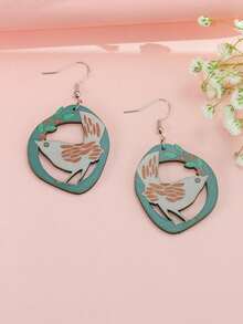 1pair Creative Cute Wooden Bird, Wheat Spike, Branch & Flower Design Earrings - A - View 2