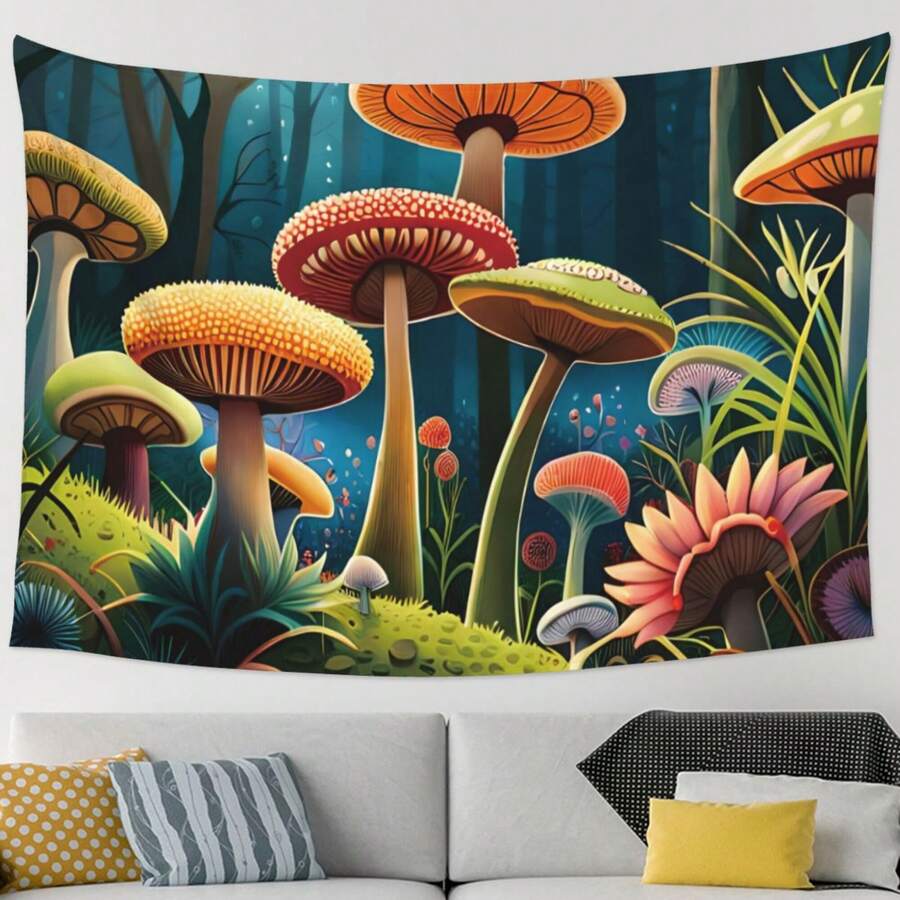 1pc Mushroom Printed Polyester Tapestry For Living Room, Bedroom, Office, Home Decor, Party Decoration, Free Installation Kit Included - Multicolor - View 1