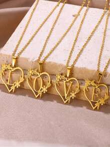 1入時尚創意不鏽鋼空心愛花a-z26個字母項鍊,適用於紀念情人節禮物 - 金黃色 - 查看 3