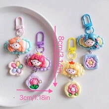 1pc Cartoon Flower Girl Shaped Pendant Resin Decoration Spring Clip Zipper Pull Cute Bag Accessory For Women's Daily Use, Dating, Gift Key Chain Charms - Hot Pink - View 5