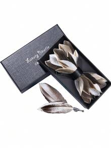 New Handmade Feather Bow Tie Set For Men's Wedding, Groom, Groomsman, Host, Party, Business (With Gift Box & Brooch) - Multicolor - View 12