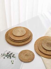 1pc Natural Rattan Round Placemat, Handwoven Insulated Tablemat, Heatproof Coaster, Home Decoration - Ginger - View 4