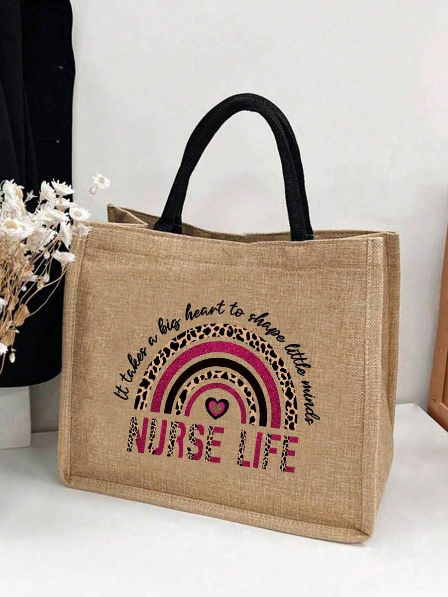 女士護士人生印花帆布袋-防水沙灘袋,大尺寸重複使用禮物袋,她的禮物袋,可愛的泳池袋,游泳健身購物旅行袋,個性化禮物袋,適合婚禮、生日、海灘、假期使用,是女性、媽媽、老師、朋友、伴郎伴娘的絕佳禮物 - 卡其色 - 查看 1