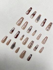 24入組顯眼閃亮的歐美風格新年3d龍、火焰和芭蕾設計鑲滿閃石的美甲假指甲+1瓶果凍美甲膠+1支美甲銼 - 彩色 - 查看 6