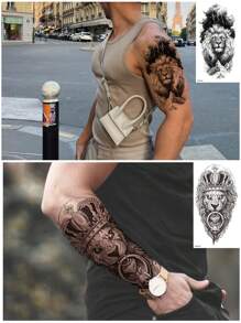 2 件裝成人黑獅臨時紋身貼紙,防水,易於清潔,適合手臂、腿部和其他身體部位 - 黑色 - 查看 1
