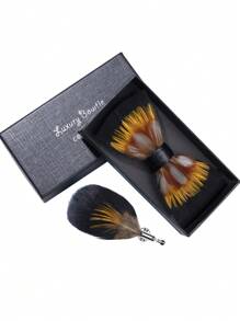 New Handmade Feather Bow Tie Set For Men's Wedding, Groom, Groomsman, Host, Party, Business (With Gift Box & Brooch) - Multicolor - View 11