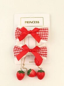 2pcs Red Themed Hair Clips For Girls, With Cherry Fabric Bow And Lace Details - Red - View 4