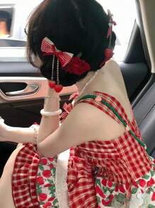 2pcs Red Themed Hair Clips For Girls, With Cherry Fabric Bow And Lace Details - Red - View 2