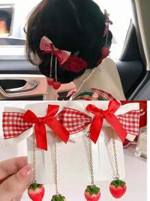 2pcs Red Themed Hair Clips For Girls, With Cherry Fabric Bow And Lace Details - Red - View 1