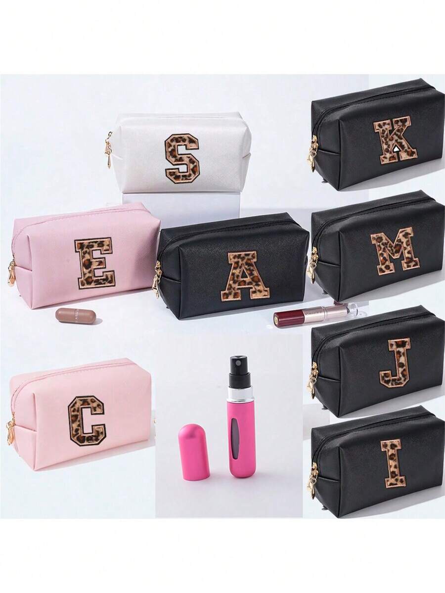 Simple Style Letter Embroidery Makeup Bag Waterproof Cosmetic Bag Travel Portable Storage Small Toiletry Bag Letter Printing Make Up Bag Valentine'S Day Gift PU Leather - Beige - View 1
