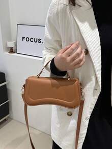 1pc Flap Closure Asymmetric Shaped Solid Color Pu Shoulder Bag & Handbag With Car Line Details, Suitable For Daily Use Of Women - Brown - View 1