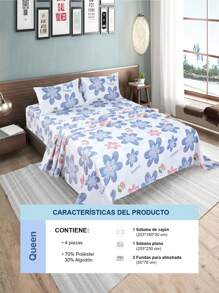 4 Piezas Juego De Cama De Tamaño Queen En Una Bolsa, Con Forro, Fundas y Sábana, Cama De Lujo En Una Bolsa Para Todas Las Estaciones Para Dormitorio. - Blanco/Flores Azules - Ver 5