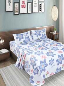 4 Piezas Juego De Cama De Tamaño Queen En Una Bolsa, Con Forro, Fundas y Sábana, Cama De Lujo En Una Bolsa Para Todas Las Estaciones Para Dormitorio. - Blanco/Flores Azules - Ver 1