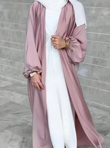 1pc Thick Puff Sleeve Cardigan Robe Abaya In Elegant And Silky Solid Pink Polyester+Including Waist Belt; Suitable For Daily Wear - Dusty Pink - View 7