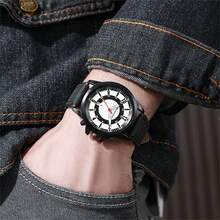 1pc Sporty Men's Quartz Wrist Watch With Calendar And Faux Leather Strap - Black - View 3