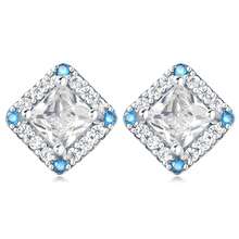 1 對 925 純銀幾何簡約方形鋯鑲釘耳環適合女士日常佩戴生日禮物訂婚結婚紀念日珠寶女士禮物 - 藍色 - 查看 1