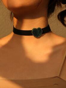 1條復古心形吊墜韓國絨面頸鍊,短款領圈頸鍊女士晚宴日常飾品 - 黑色 - 查看 3