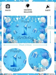 1pc Happy 1st Birthday Banner, 1st Birthday Backdrop, Blue And White First Birthday Backdrop For First Birthday Decorations, 1st Birthday Decorations, First Birthday Party Decor Photo Prop,Christmas - Blue - View 2