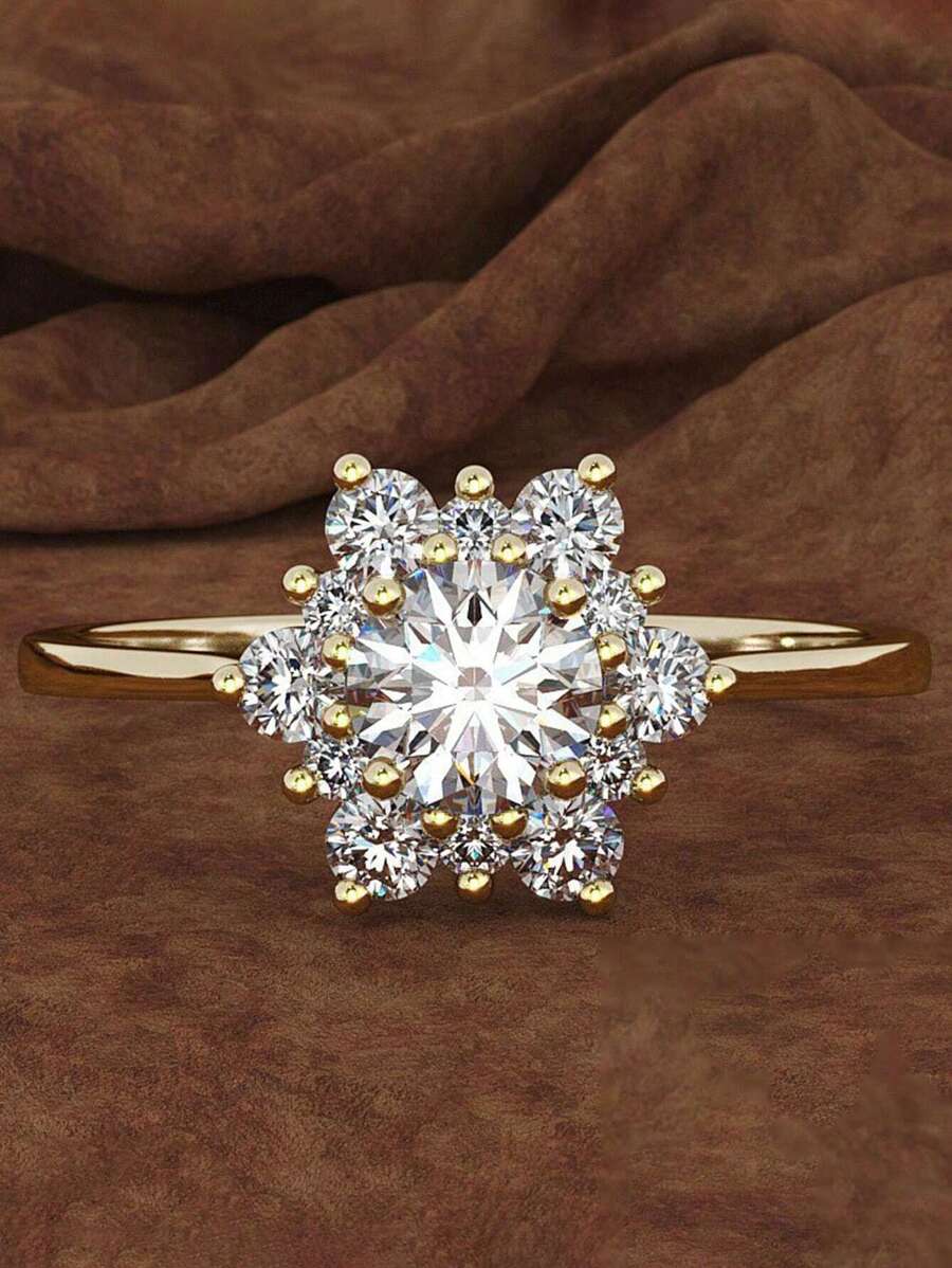 S925創意雪花造型鑲嵌立方氧化鋯戒指,白金/14k鍍金,適用於女性西式婚禮訂婚新娘珠寶 - 黃色 - 查看 1