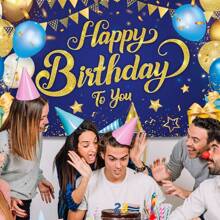 1 件,生日裝飾橫幅,閃光藍色生日快樂橫幅藍色金色生日派對裝飾大號藍色生日標誌閃亮藍色金色生日背景照片展位背景 - 藍色 - 查看 5