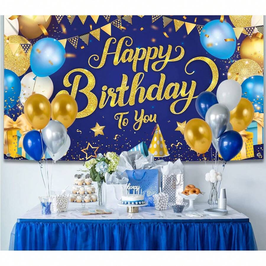 1 件,生日裝飾橫幅,閃光藍色生日快樂橫幅藍色金色生日派對裝飾大號藍色生日標誌閃亮藍色金色生日背景照片展位背景 - 藍色 - 查看 1