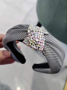 女性新款寬邊犬牙紋頭帶,中心閃亮鑽石,休閒頭飾女孩髮飾 - 千鳥格 - 查看 2