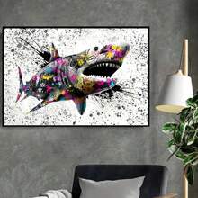 FajerminArt 1幅塗鴉動物藝術畫布油畫,多彩的鯊魚,海報印刷,裝飾房間家庭牆壁藝術畫,無框 - 彩色 - 查看 5
