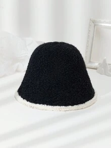 1pc Women's Sunshade, Windproof, Warm And Casual Bucket Hat With Circle Yarn Patchwork And Frayed Edge - Black - View 2