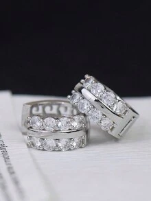 1pair Fashionable & Minimalist French Style Copper Hoop Earrings With Zirconia Inlay - Silver - View 5