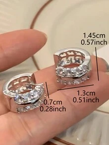 1pair Fashionable & Minimalist French Style Copper Hoop Earrings With Zirconia Inlay - Silver - View 6