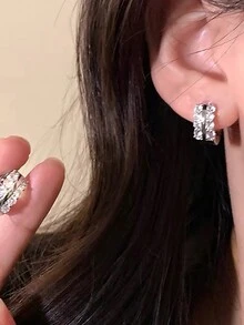 1pair Fashionable & Minimalist French Style Copper Hoop Earrings With Zirconia Inlay - Silver - View 4