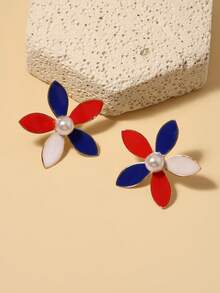 1 对节日风格仿珍珠珐琅花朵时尚潮流一体式休闲女士耳环 - 彩色 - 查看 1