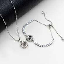 Uloveido 100 种语言我爱你项链手链套装，CZ 可调节滑动链，独特的心形浪漫手链，适合女士，情人节礼物 - 白色 - 查看 4