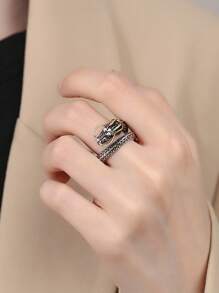 1 件龙形戒指，男女通用个性化街头风格复古时尚，仿古饰面设计，开口可调节戒圈 - 復古銀色 - 查看 2