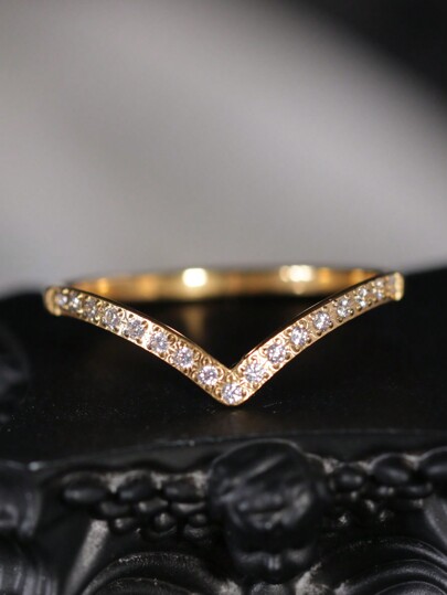 1pc V-Shaped Cubic Zirconia Ring With 18K Gold Plating And Cubic Zirconia Jewelry Gift For Women, Mother, Wife, Girls, Birthday Gift