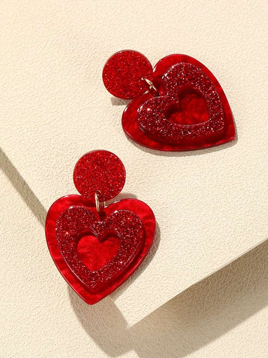 1pair Fashionable Women's Two-Tone Heart-Shaped Earrings With Resin Decoration - Multicolor - View 1
