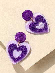 1pair Fashionable Women's Two-Tone Heart-Shaped Earrings With Resin Decoration - Multicolor - View 3