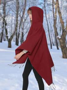 Poncho Capa Para Mujer Tipo Capa Con Capucha Chal Abrigo Borla Sueter Abrigo Tejido Capa Para Mujer - Rojo - Ver 2