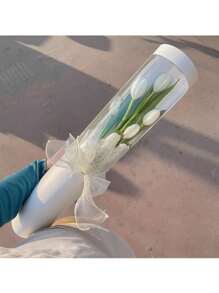 5pcs Flower Packaging Gift Box Pvc Handbag Flower Tube Bag, Suitable For Proposal, Valentine'S Day Party, Birthday Party, Surprise Box - White - View 4
