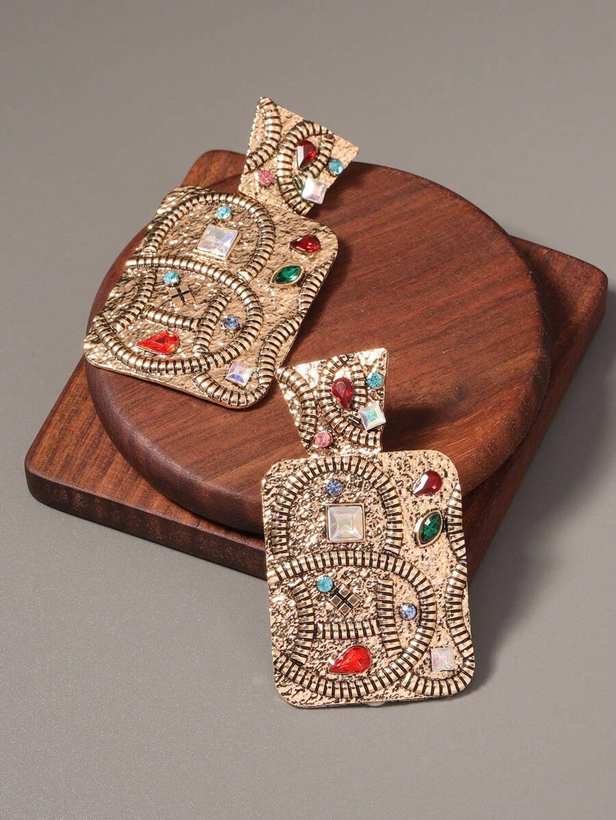 1 复古风格几何方形做旧镶钻优雅全时尚潮流女式耳环耳钉 - 彩色 - 查看 1