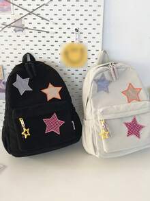 女用背包套裝,適合小女孩和學生,燈芯絨布料,星星裝飾,大容量單肩包,適合中學生和高中生,學院,休閒背包 - 黑色 - 查看 6