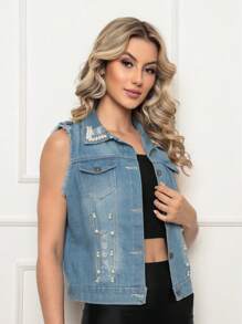 Colete Jeans Feminino com Pedraria e Bolso na frente Jeans Top Grosso - Azul bebê - Visão 3