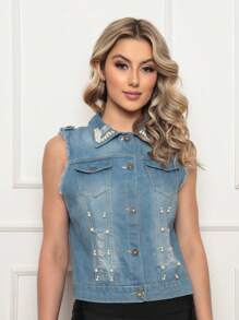 Colete Jeans Feminino com Pedraria e Bolso na frente Jeans Top Grosso - Azul bebê - Visão 4