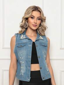 Colete Jeans Feminino com Pedraria e Bolso na frente Jeans Top Grosso - Azul bebê - Visão 1