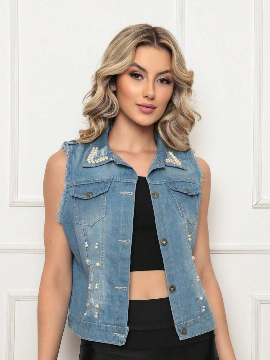 Colete Jeans Feminino com Pedraria e Bolso na frente Jeans Top Grosso - Azul bebê - Visão 1