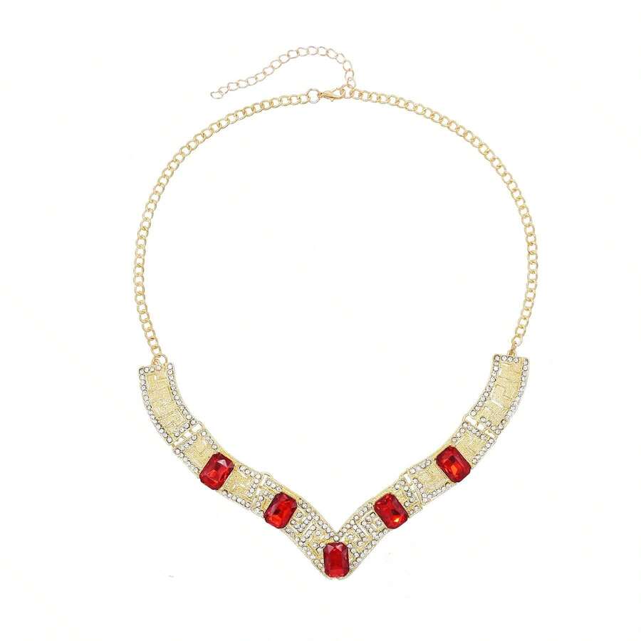 歐美風格寶石鑲嵌項鍊,復古彩色水晶毛衣鏈,誇張的合金頸鍊派對裝飾 - 紅色 - 查看 1